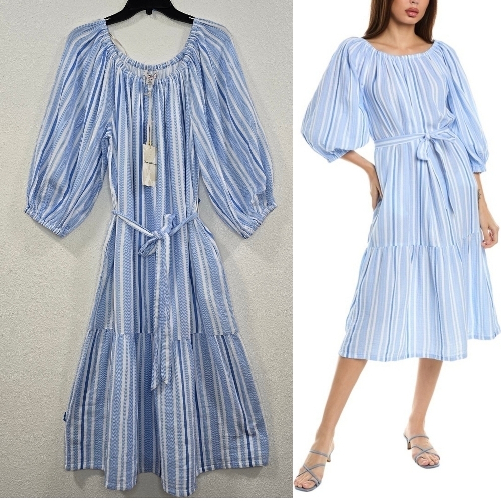 Tommy Bahama 3/4 Short Puff Sleewe Cotton Blue Vacation Midi Dress Resort Size M